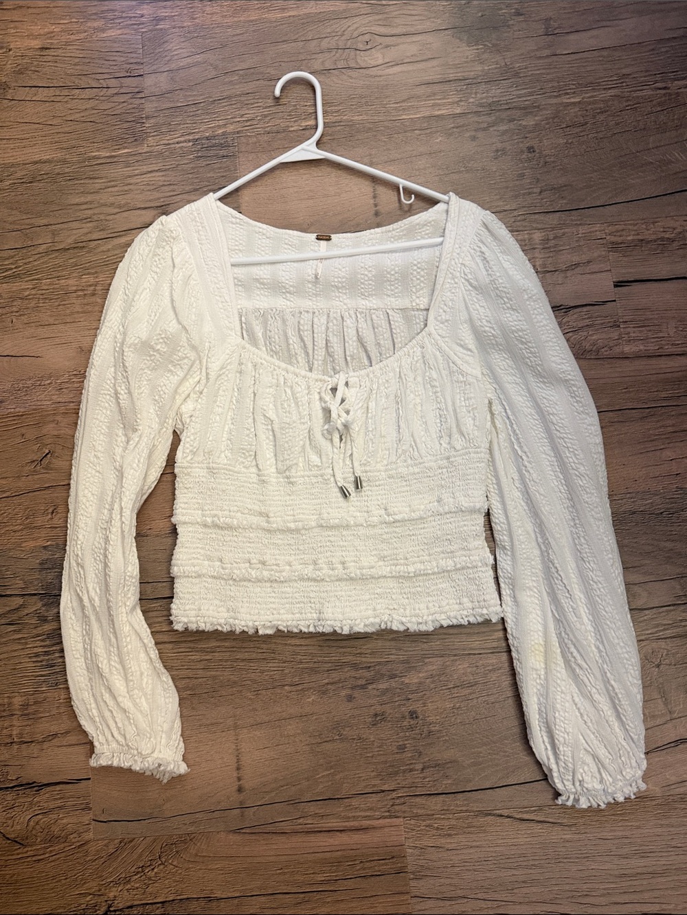 Free People White Smocked Peasant Long-Sleeve Top